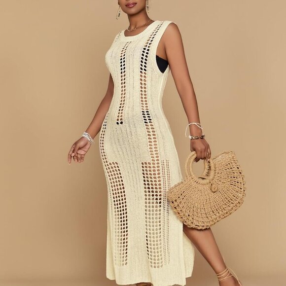 Women’s Crochet Beach Cover Up Sleeveless Summer Knit Swimwear Coverup - Picture 6 of 6